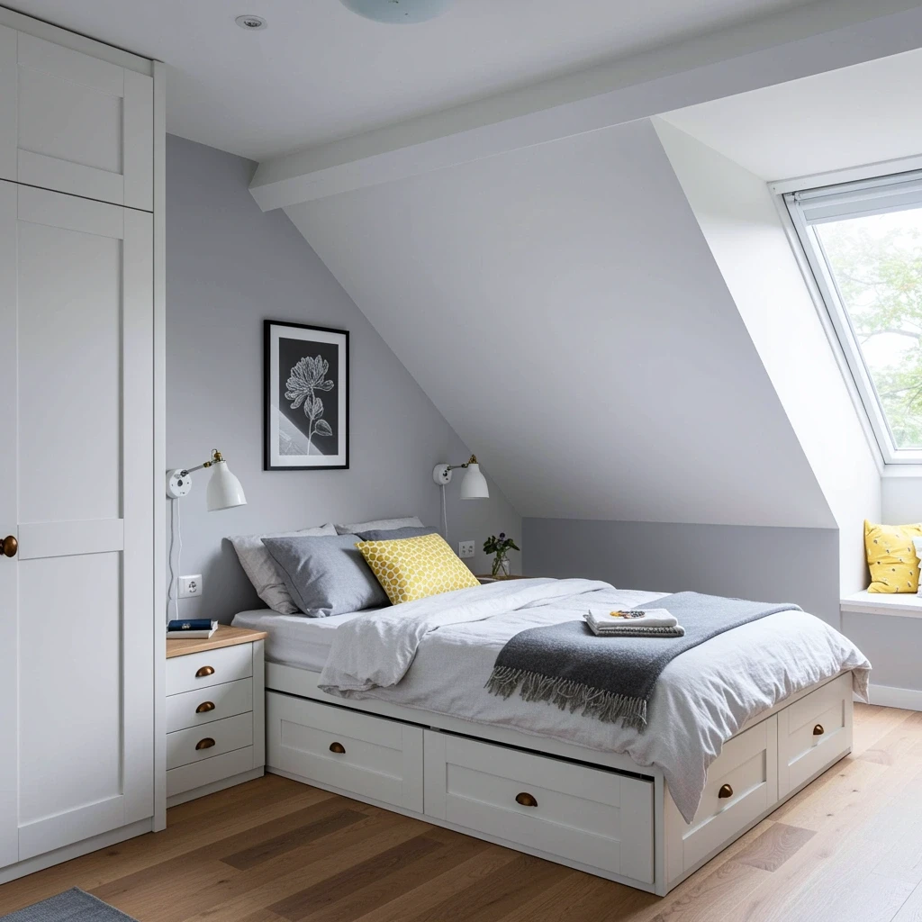 Cozy attic bedroom with soft gray walls, a built-in white storage bed, minimalist decor, and a large skylight that brings in natural light, creating a serene and functional sleeping space.