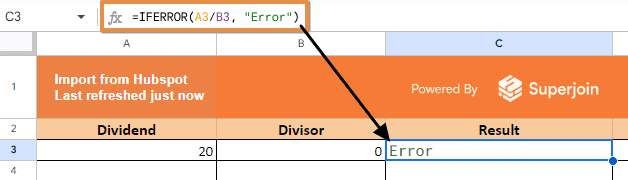 =IFERROR(A3/B3, "Error")