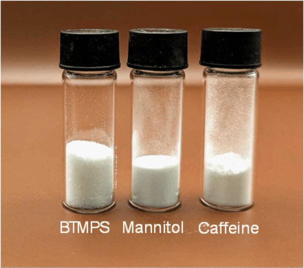 Visual comparison of BTMPS and two common cutting agents Mannitol and Caffeine at the same approximate weight.