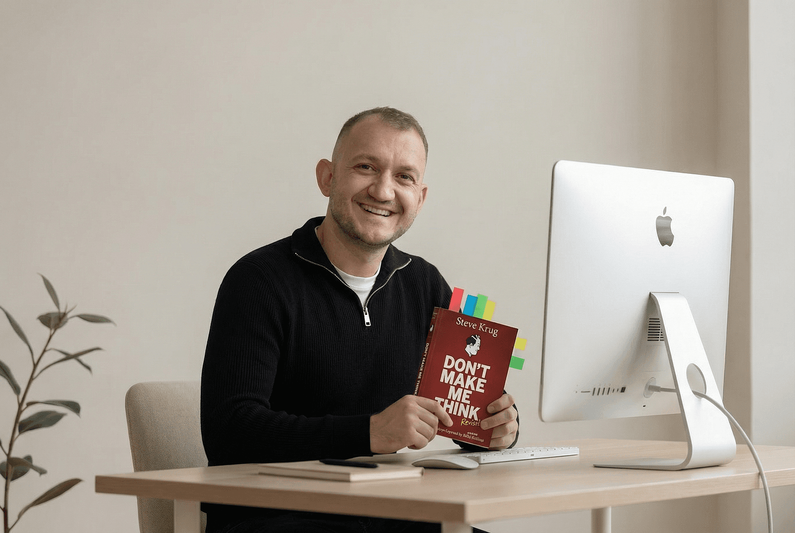 Smiling man seated at a desk beside an iMac, holding a copy of the book “Don’t Make Me Think,” with colorful page markers visible, in a clean and minimal workspace.