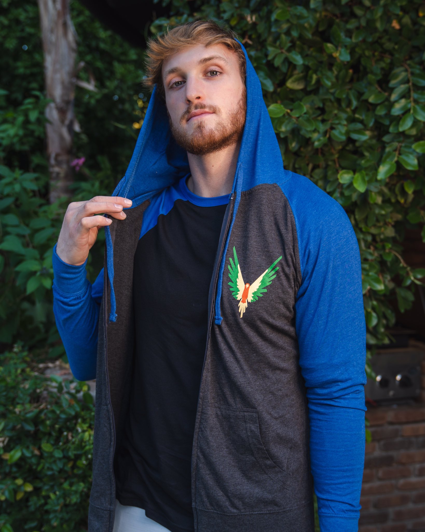 A person wearing a blue and gray hoodie poses confidently outdoors with greenery in the background.