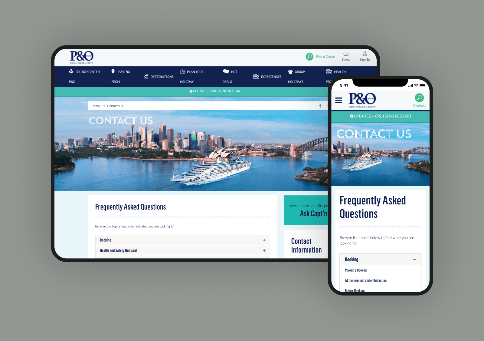 Mobile and desktop screens of successful redesign of P&O’s contact us page