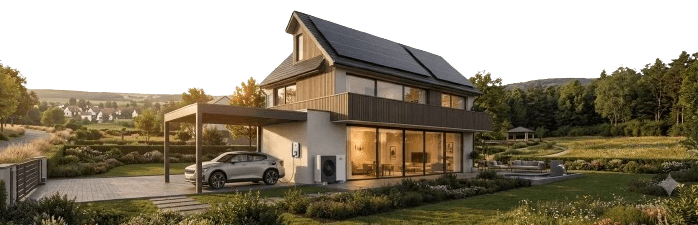 Modern house with solar panels, large windows, and a parked car.