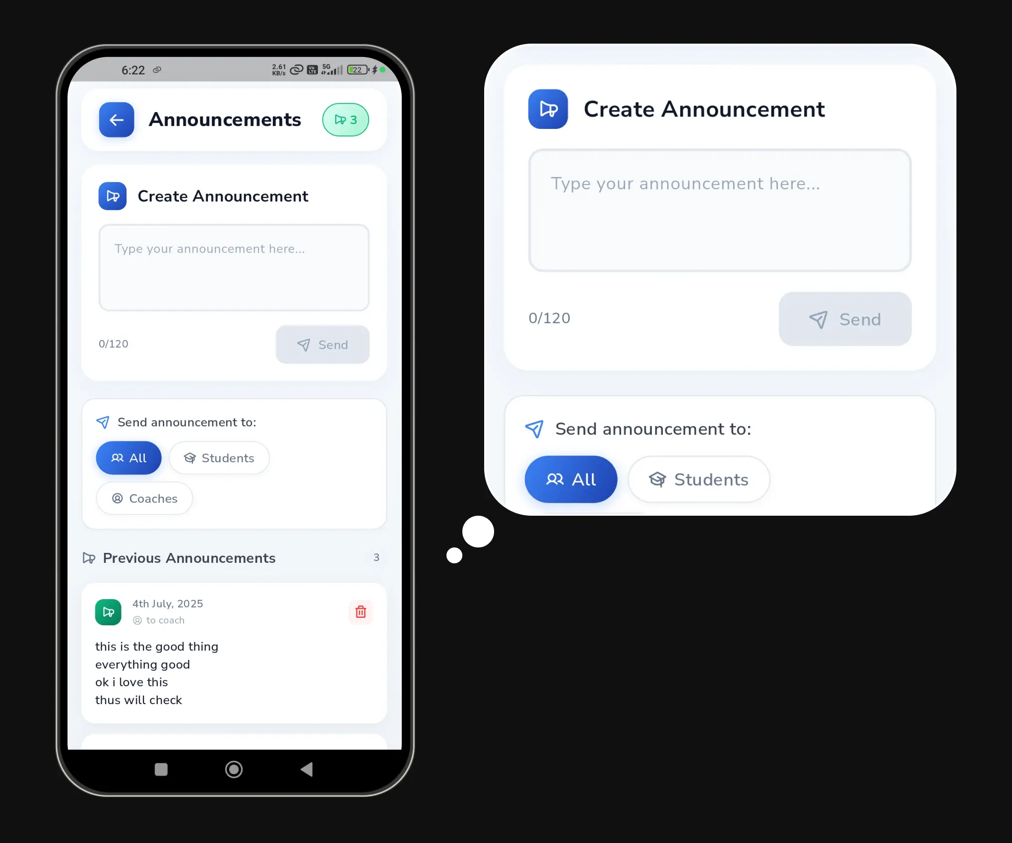 Flickit Coach app announcements screen for sending batch-wide match day reminders