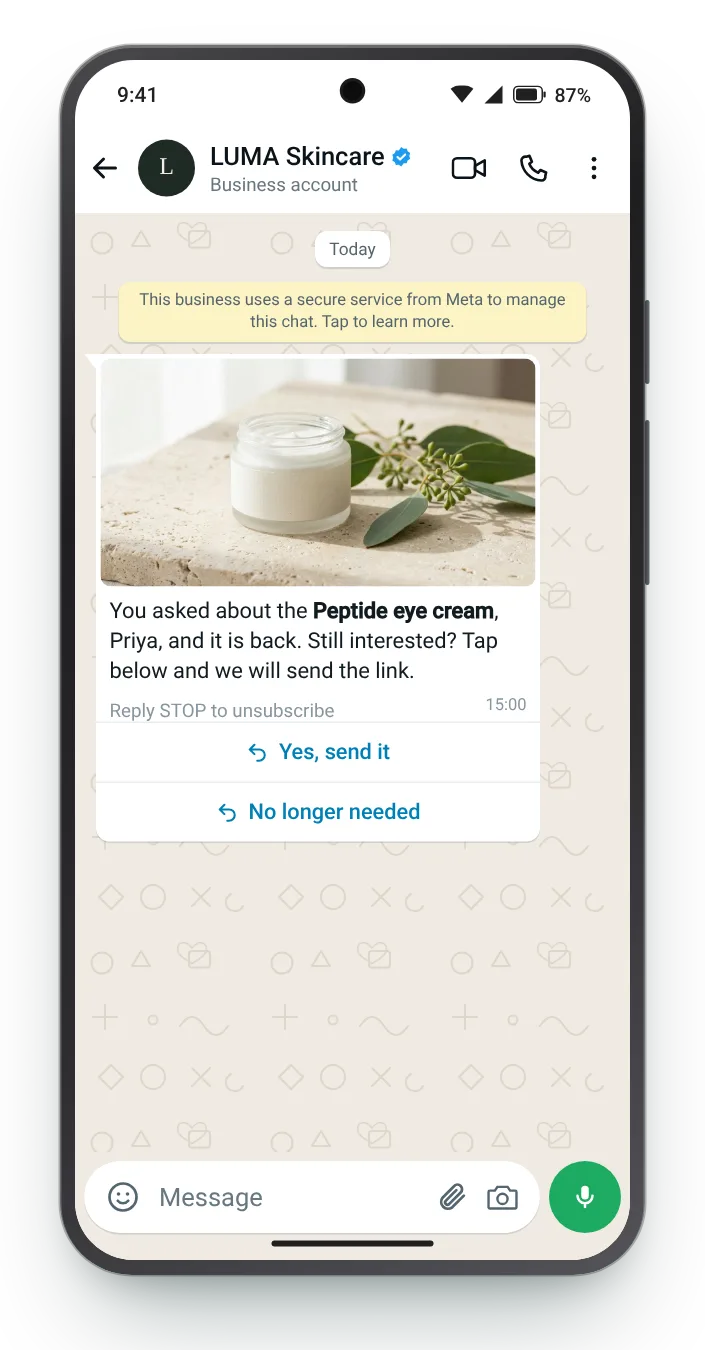 Check interest after a long wait: WhatsApp restock alert on an Android phone