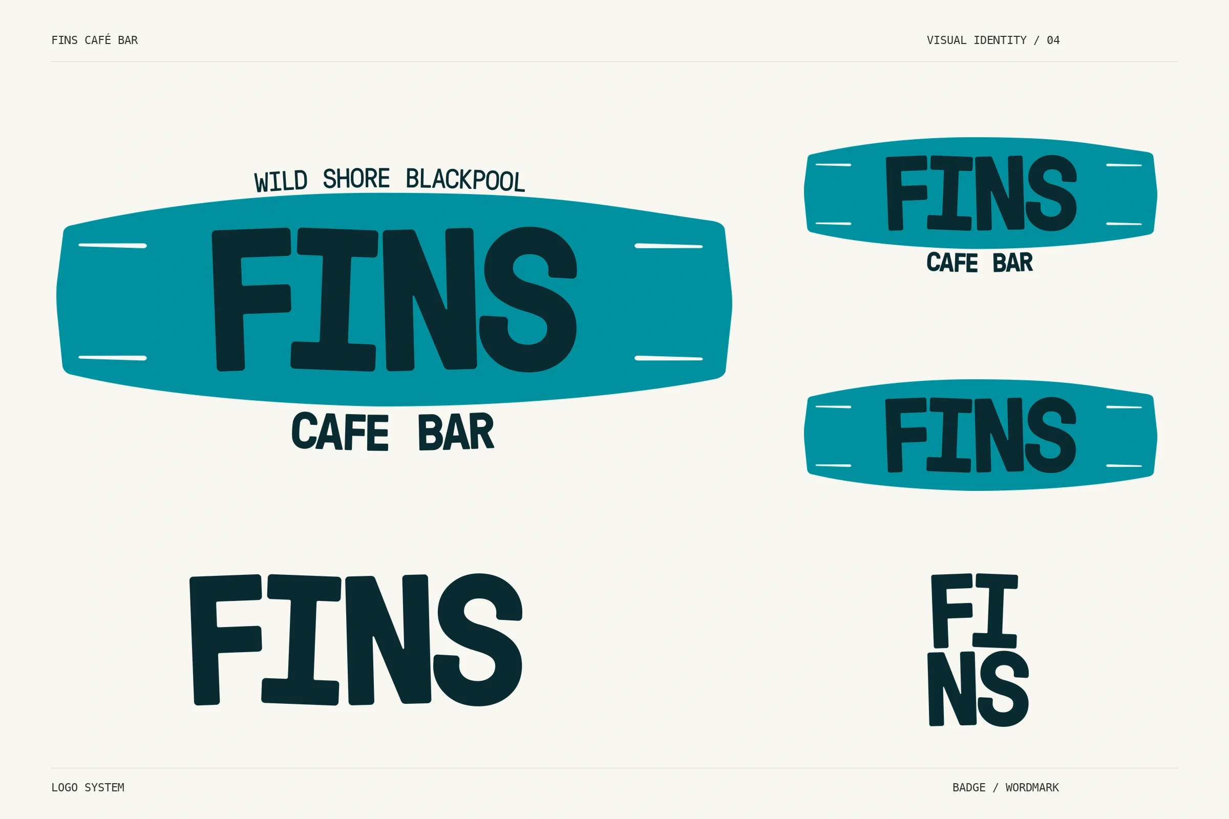 FINS Café Bar editorial logo system. Turquoise badges with dark lettering and dark wordmarks, showing five supplied logo variants.