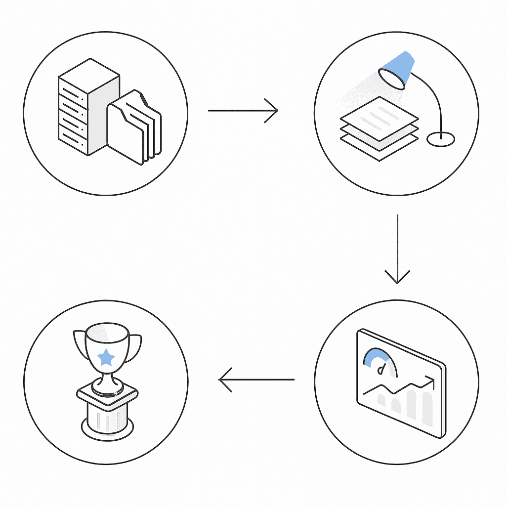 Four-step visual roadmap depicting progression from technical setup to monitoring in AI visibility strategy.