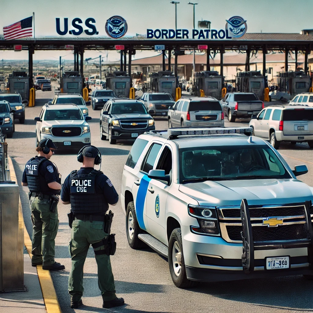 ICE Border Patrol officers conducting a routine vehicle inspection at a U.S. border checkpoint.