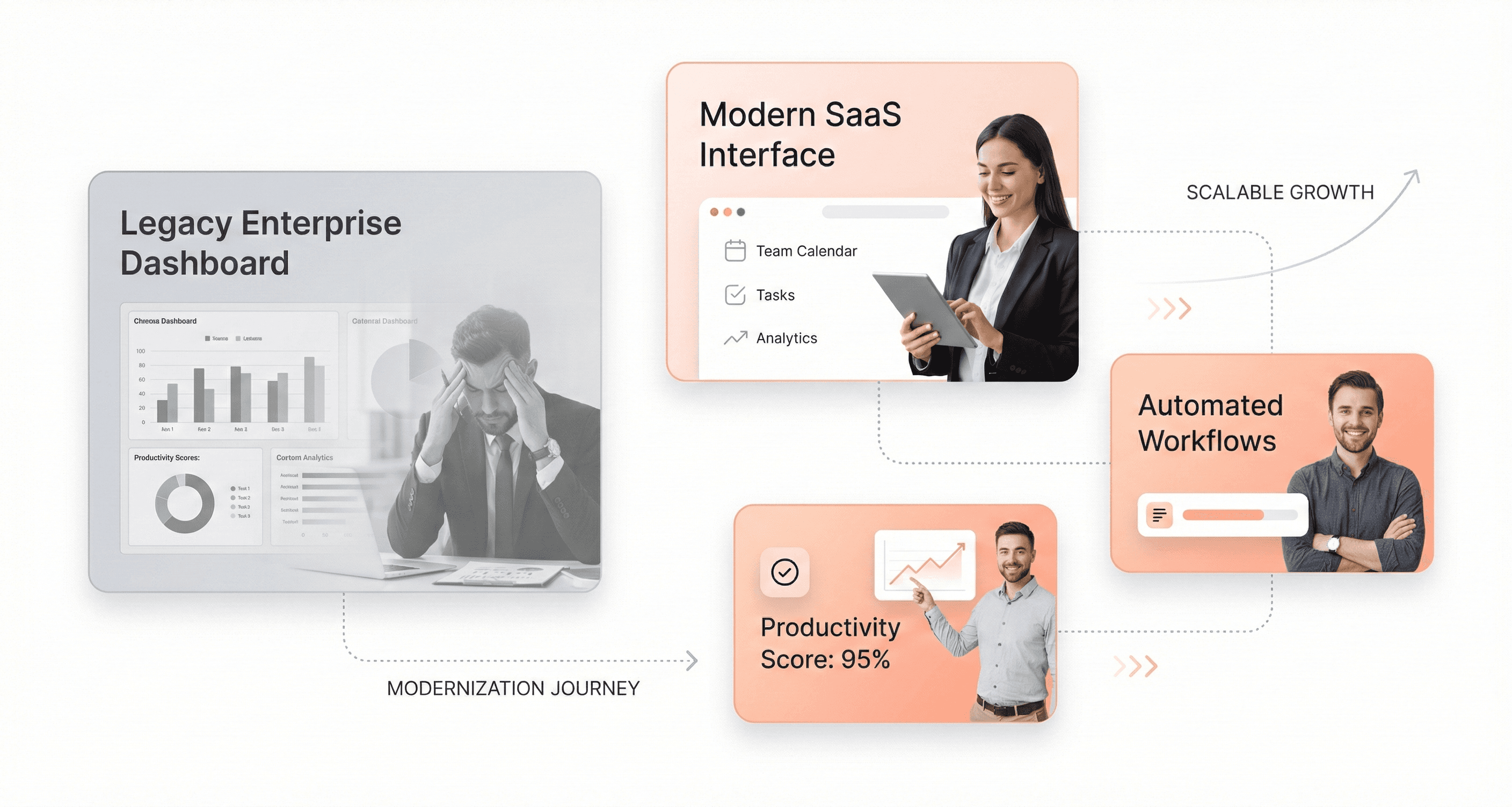 Enterprise software interface modernization showing legacy dashboards transforming into modern SaaS UI with business professionals reviewing productivity metrics