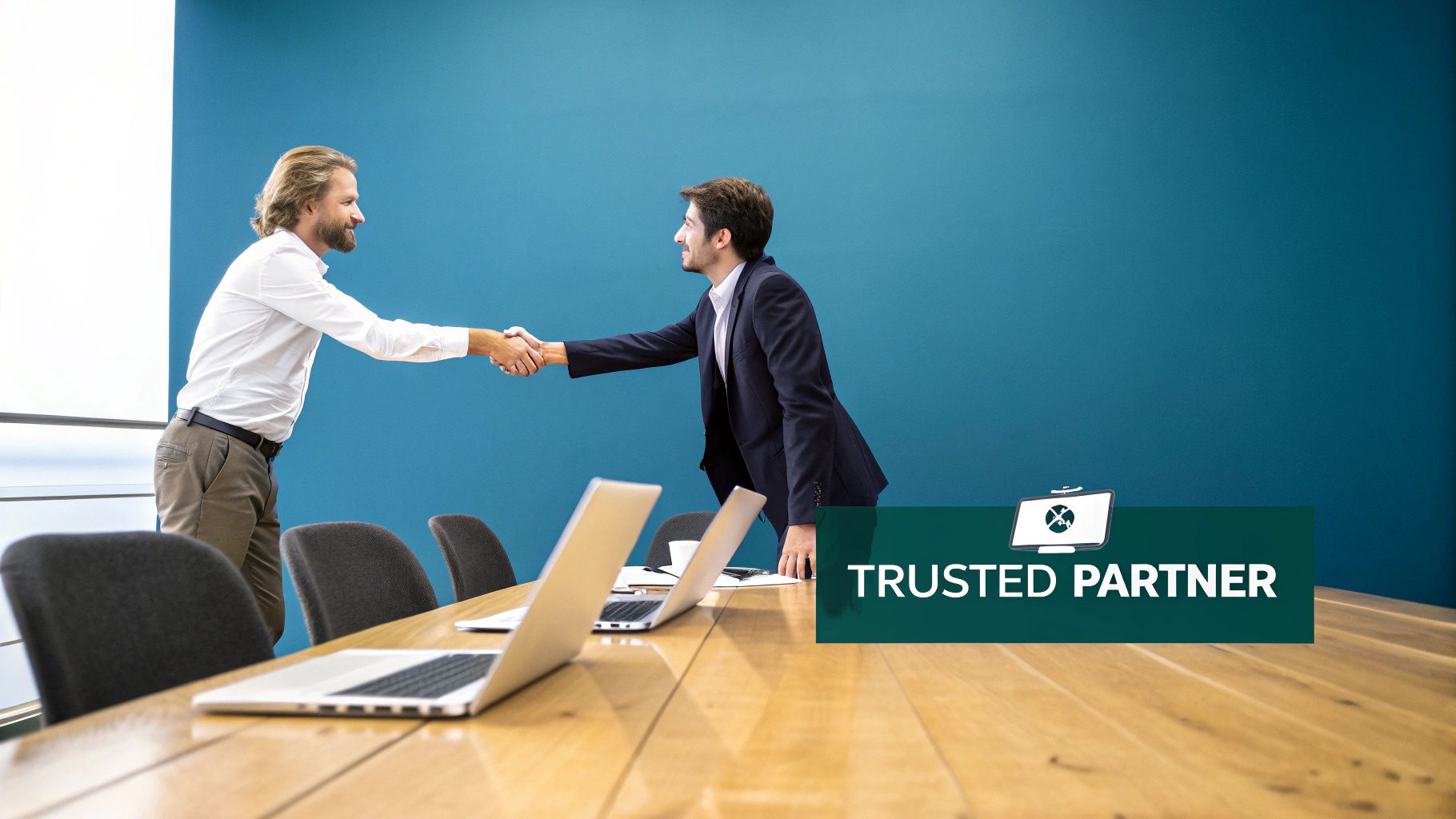Two businessmen shake hands across a conference table with laptops, symbolizing a trusted partnership.