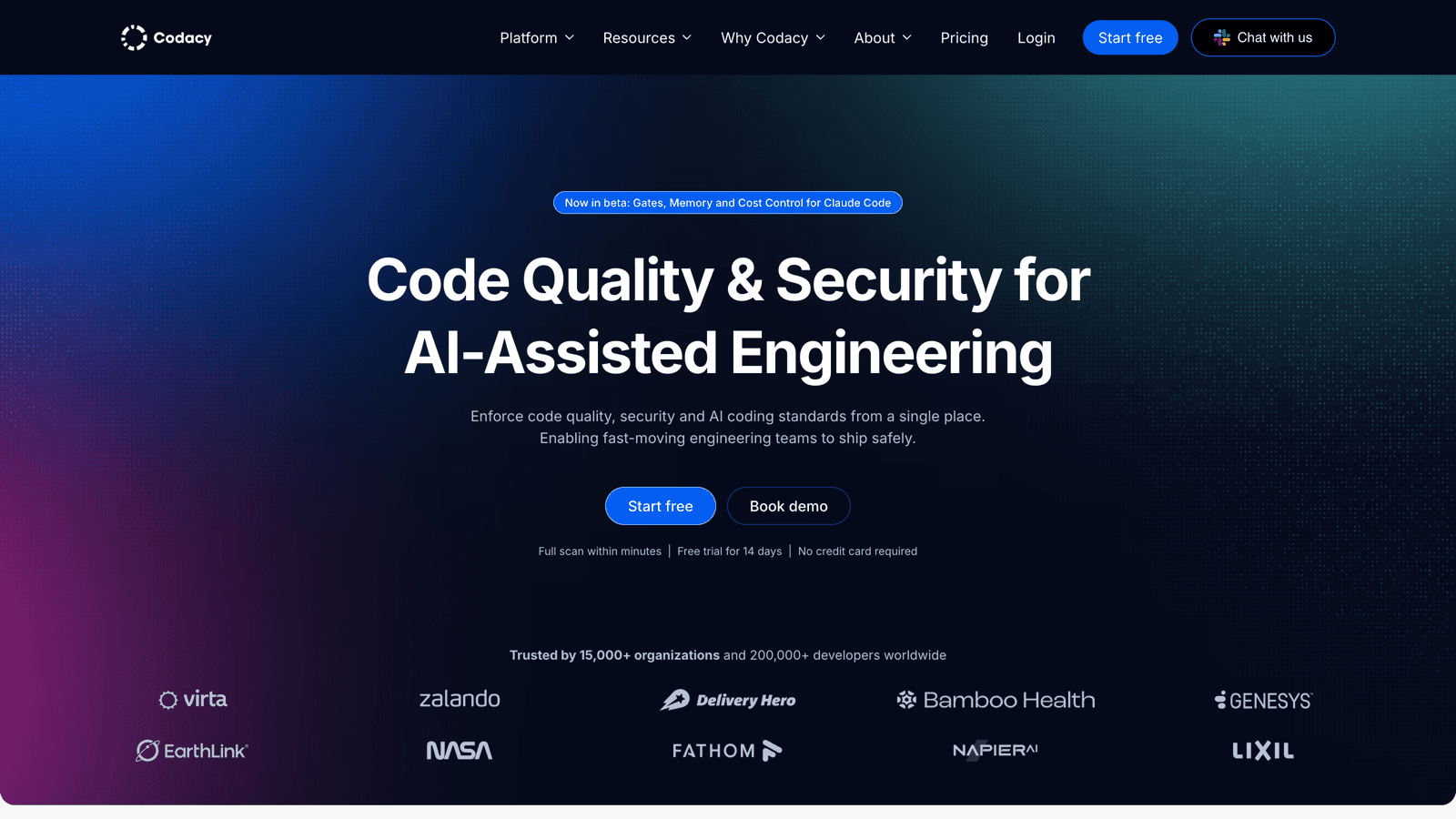 Codacy homepage with the headline Code Quality and Security for AI-Assisted Engineering
