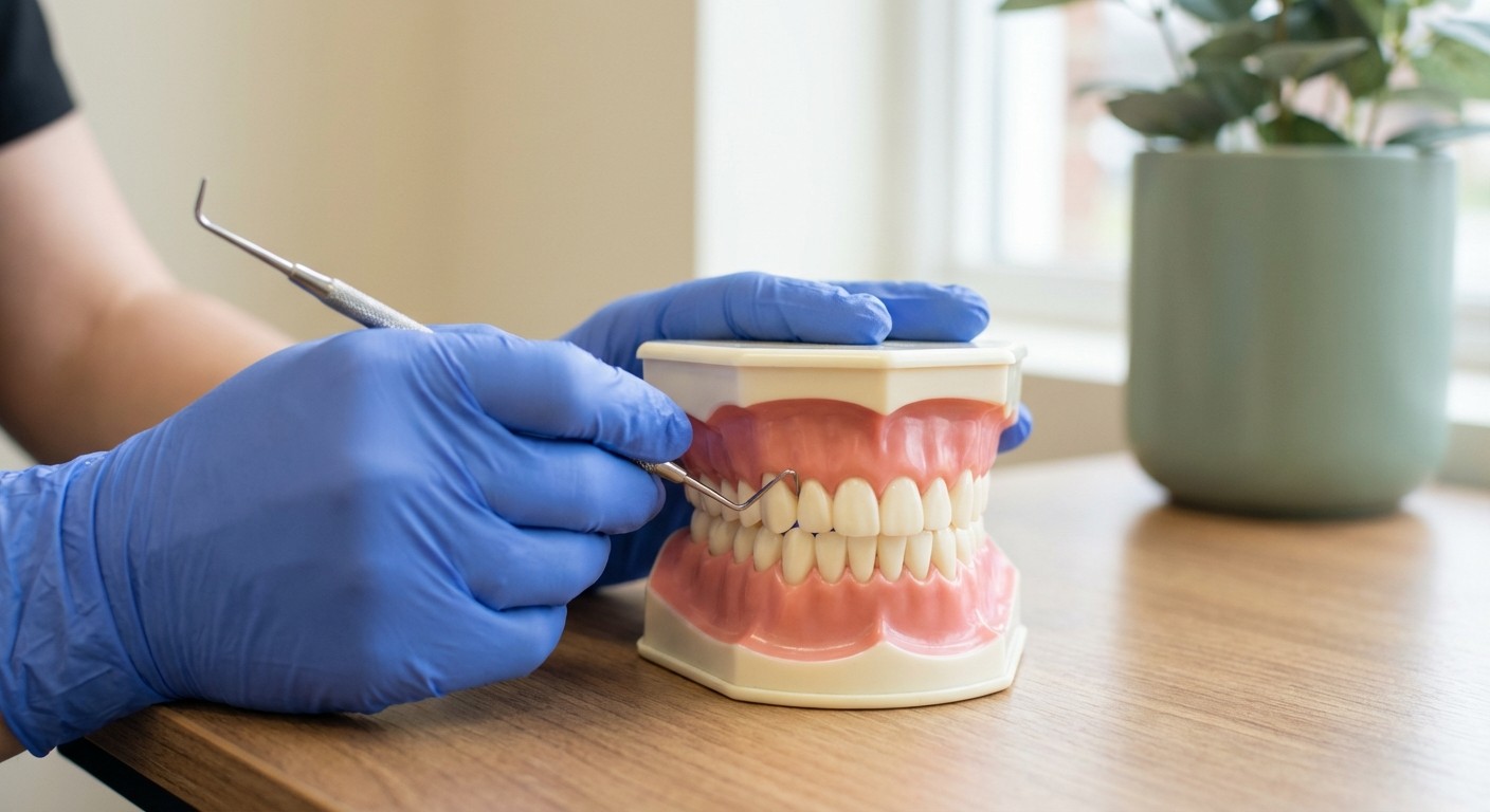 Dental hygienist demonstrating periodontal probing technique on a dental model in a modern dental office