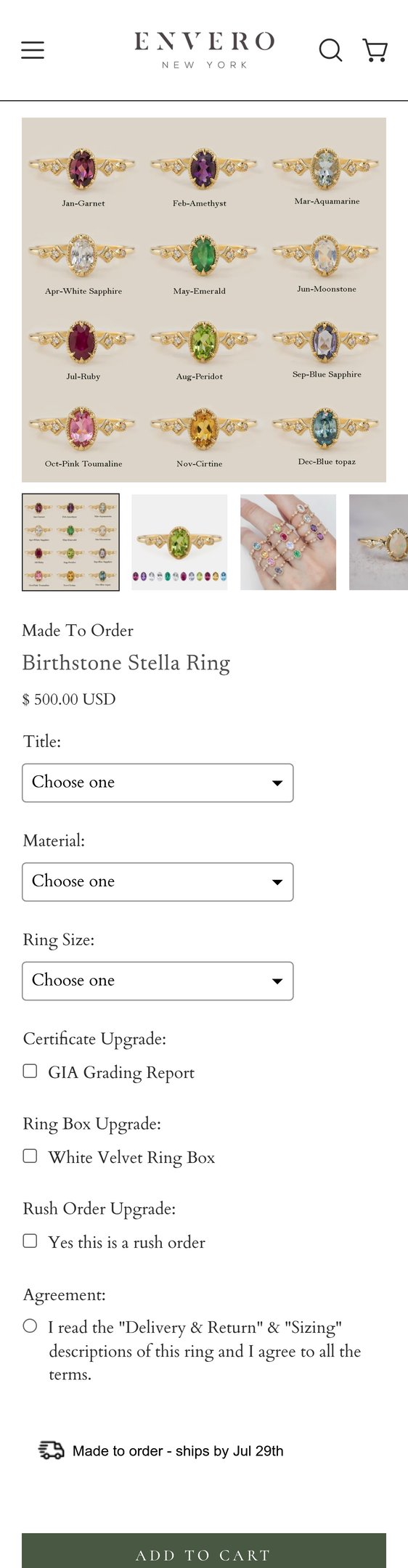 Jewelry product options include: ring, birthstone for Birthstone Stella Ring from Envero.