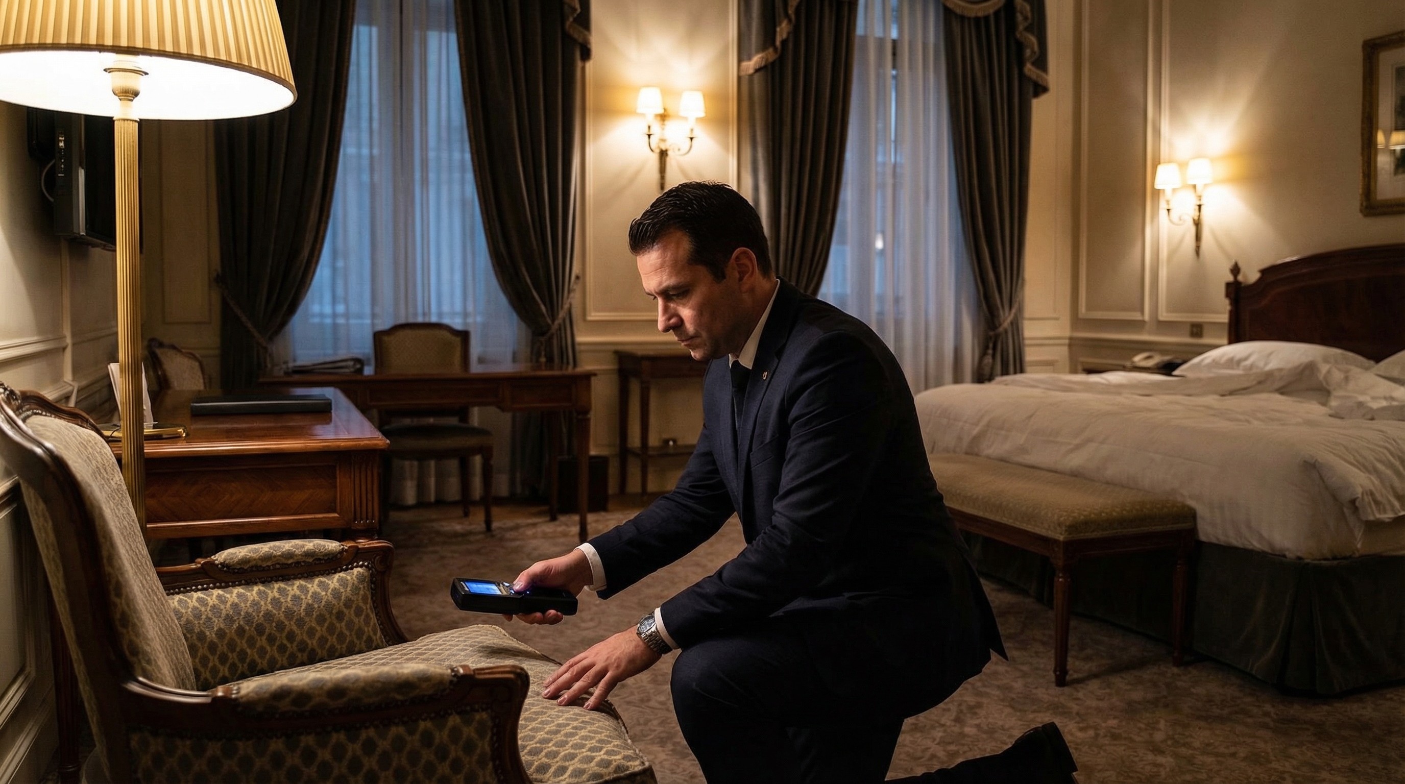 Spécialiste en contre-surveillance réalisant une détection de matériel d’espionnage dans un hôtel de luxe à Genève.