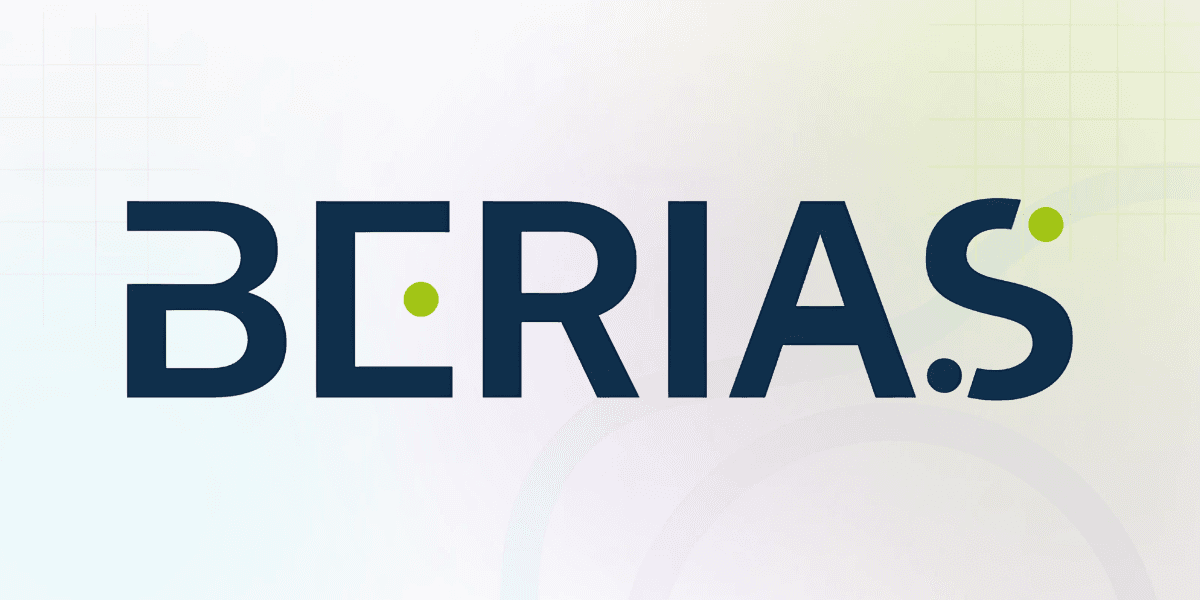 BERIAS logo featuring bold, navy lettering with green dots in 'E' and 'S' against a soft gradient background.