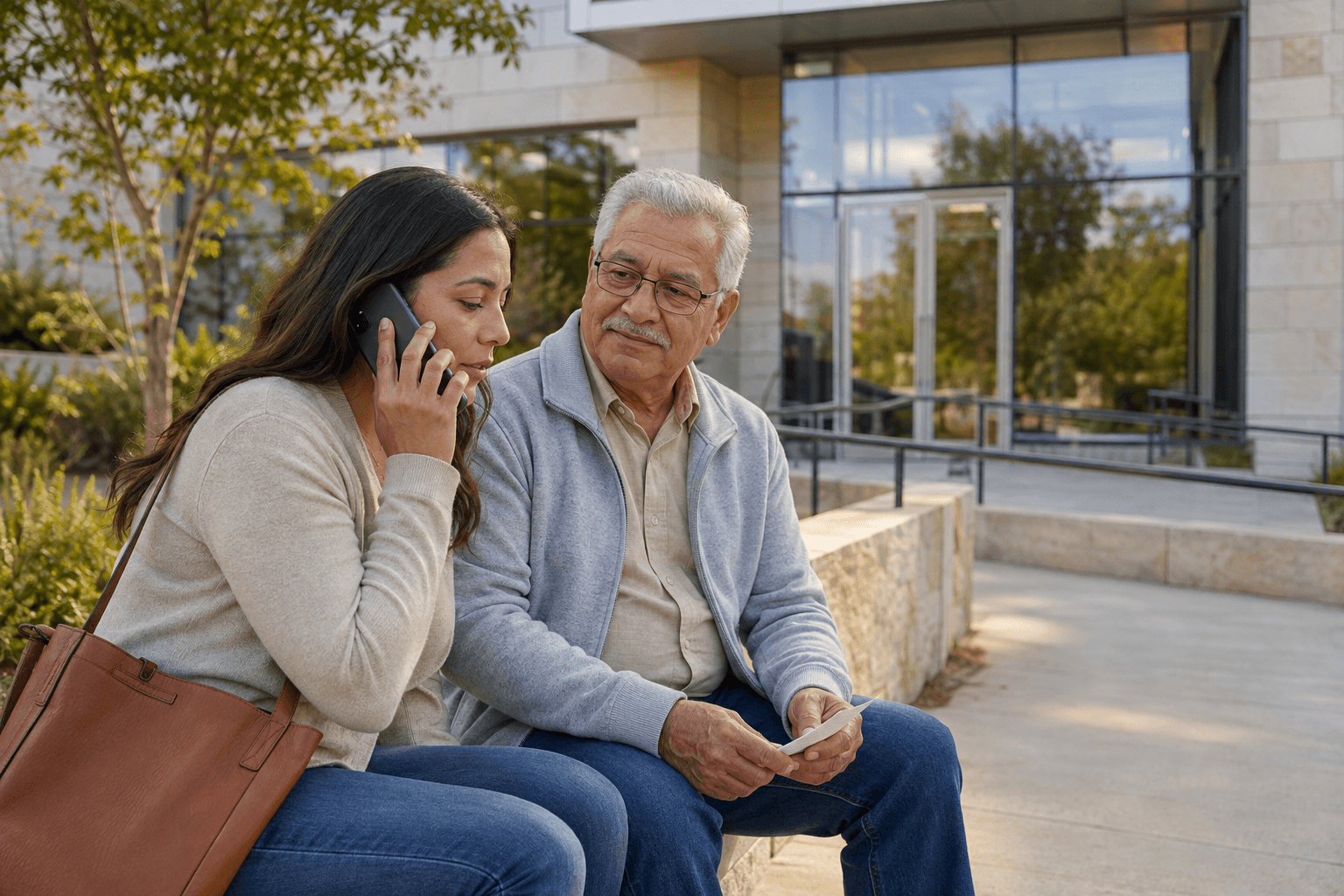 A woman speaks on the phone beside an older man outside a building.