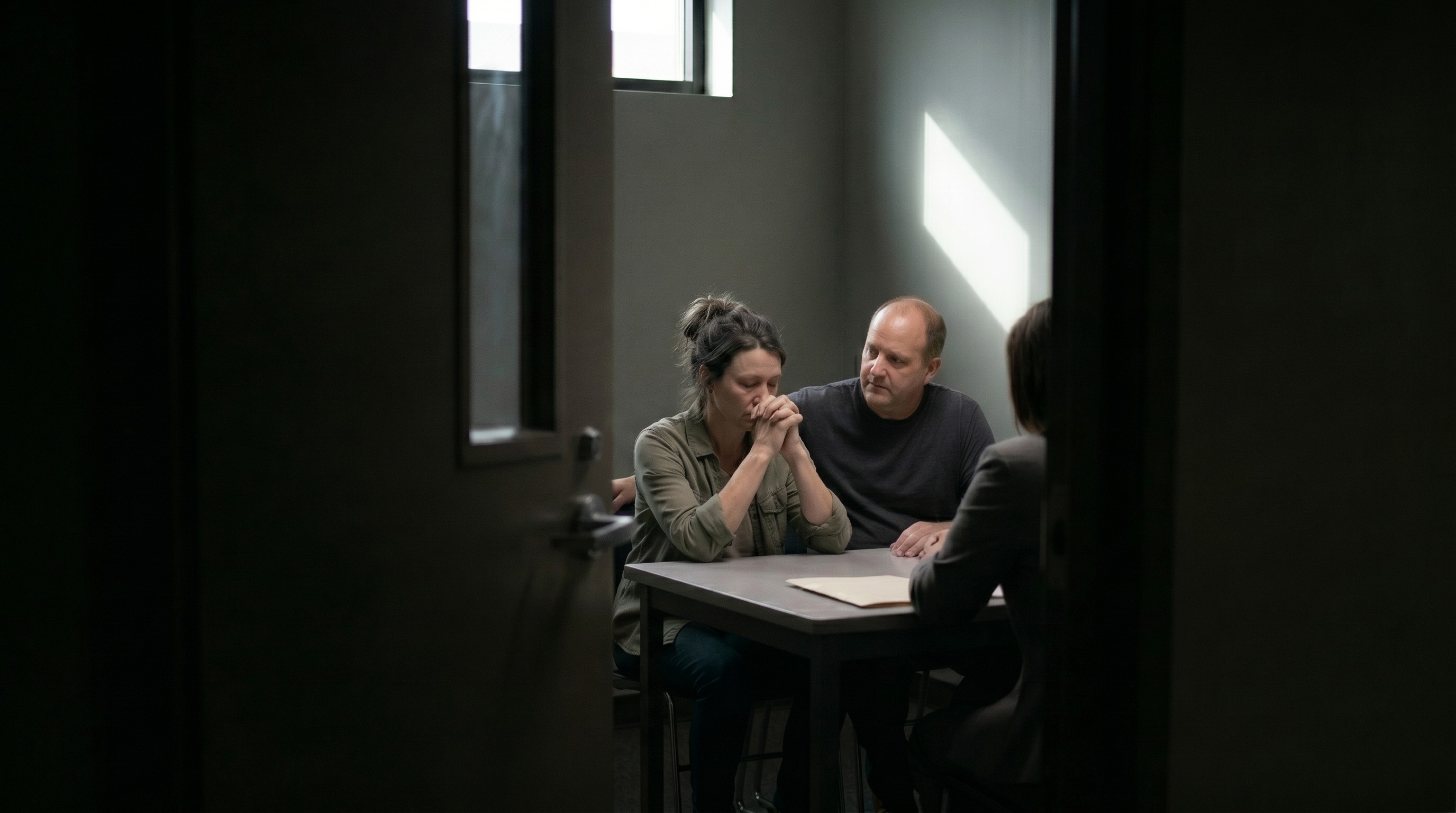 A couple sits in a dimly lit, windowed room on one side of a table, showing concern in a serious discussion with a professional, highlighting a tense atmosphere during a consultation.