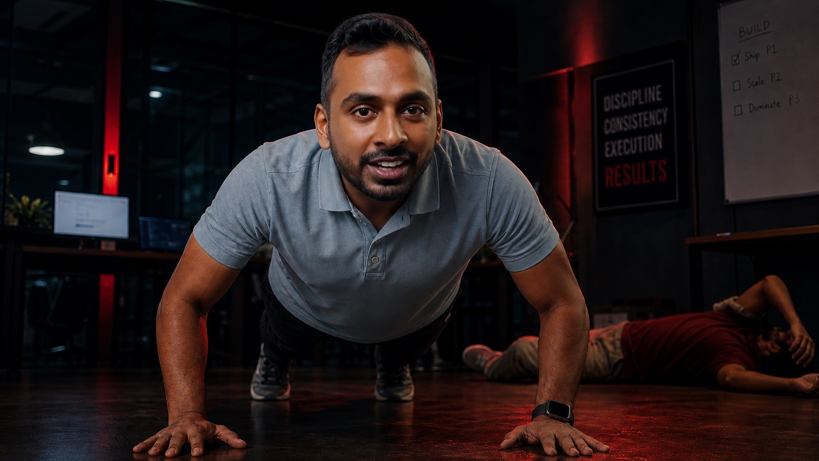Aditya winning an office push-up challenge