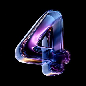 3D glass number 4 with iridescent purple blue surface on black background