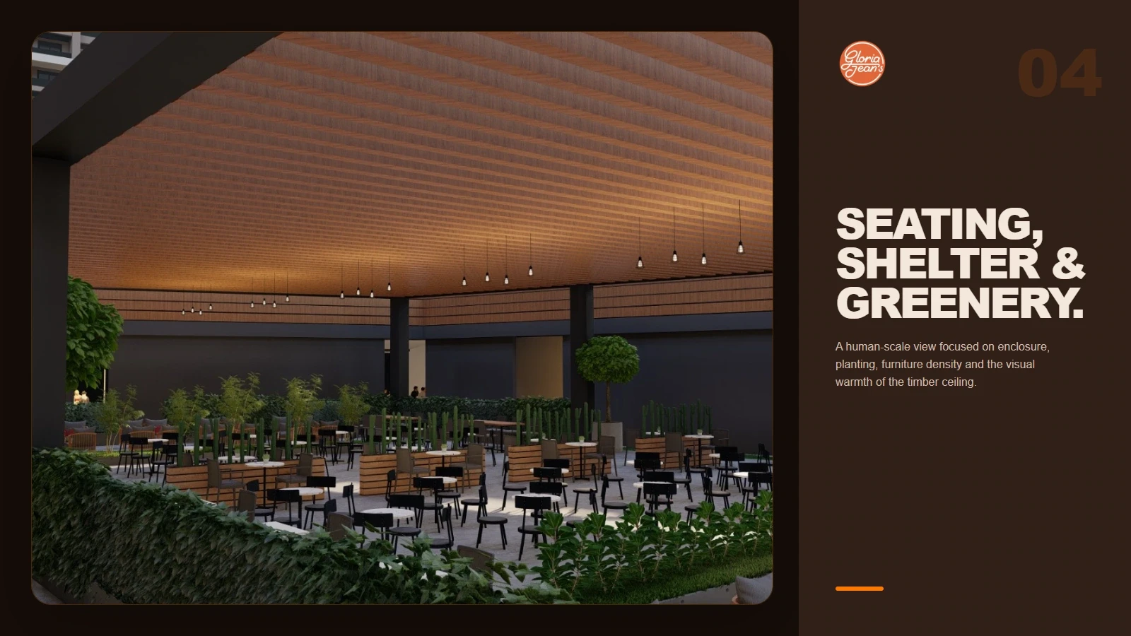 Human-scale interior view of a coffee shop terrace with timber ceiling, dining furniture, lighting and greenery.