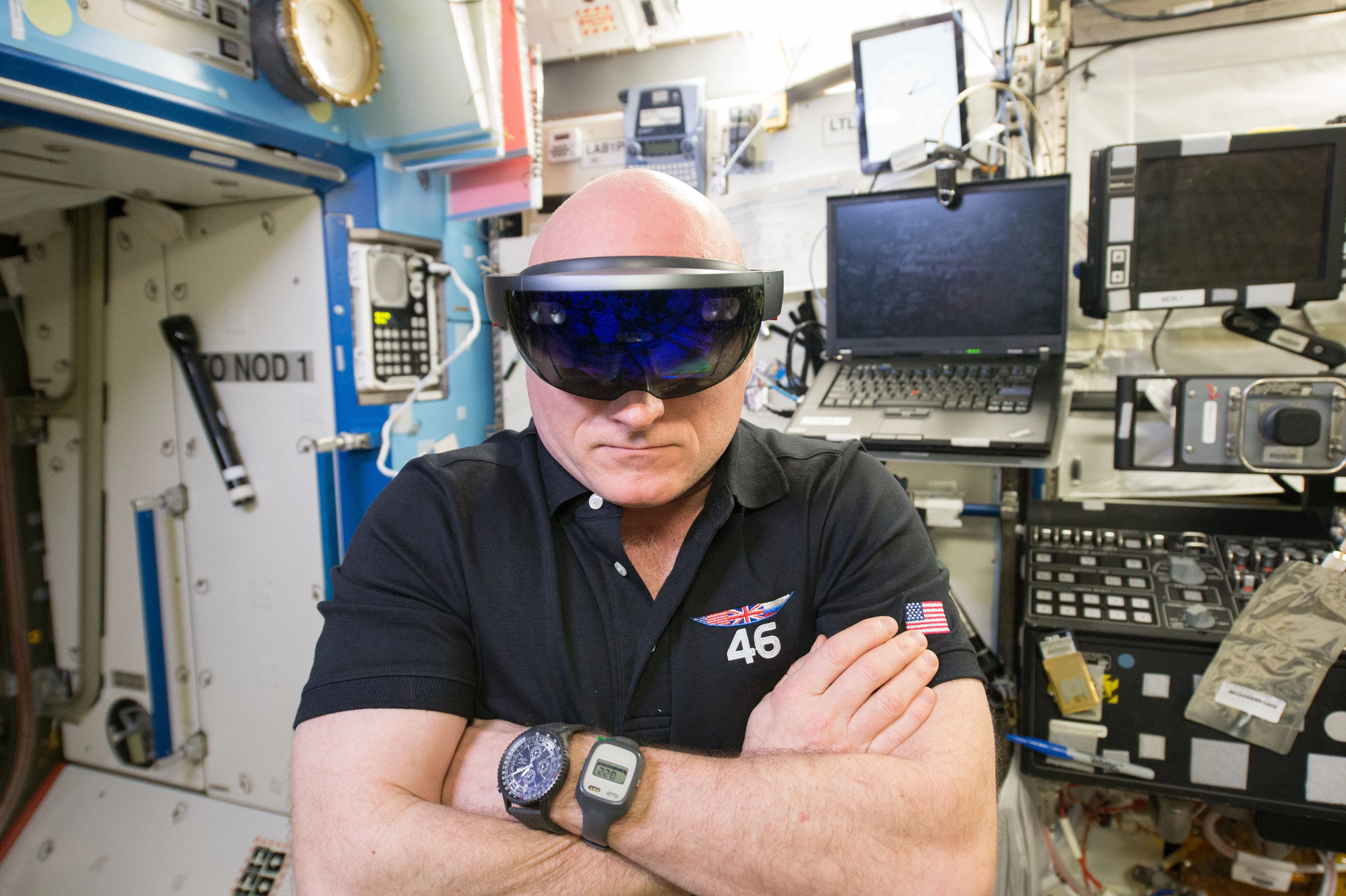 NASA astronaut Scott Kelly wearing the original Microsoft HoloLens in the International Space Station’s Destiny laboratory in 2016.