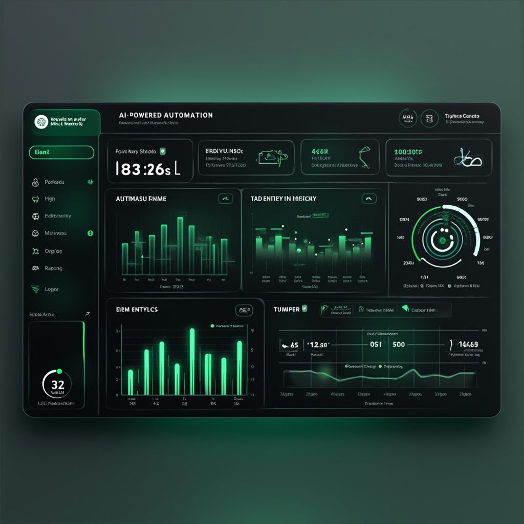 AI-powered healthcare dashboard showing automated patient workflows, scheduling, and efficiency statistics in a sleek black, gray, and green theme.