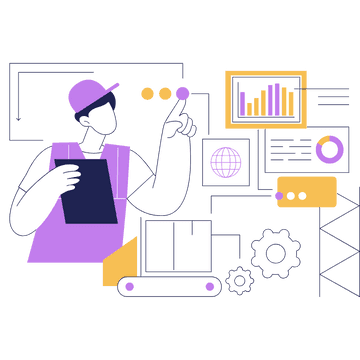 Illustration of a person operating a digital interface with data charts, a globe icon, gears, and a conveyor belt in an industrial setting.