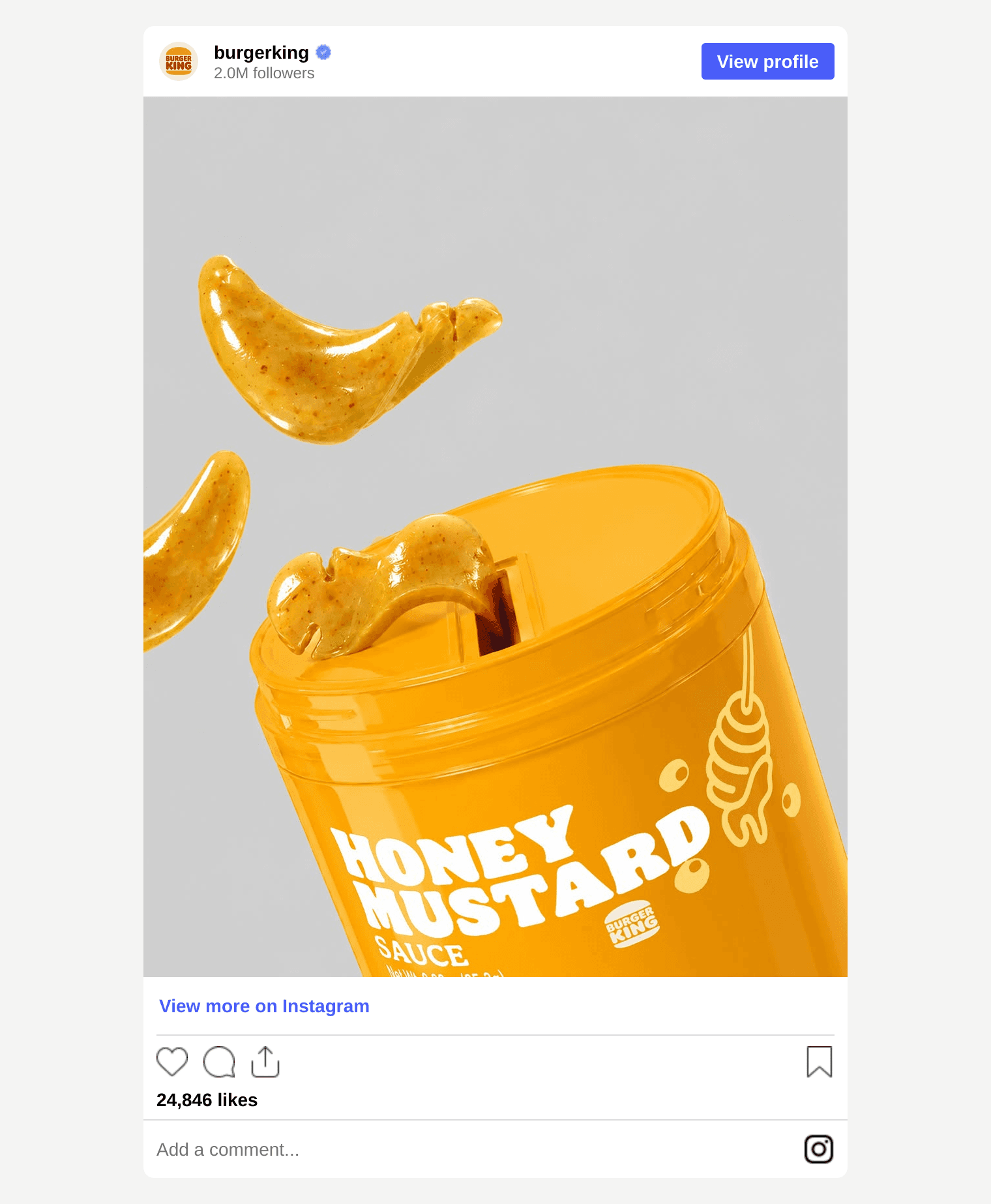 Burger King Instagram post showing a honey mustard sauce tub in the same slicing pose as the eye-patch jars, captioned you guys too? omg