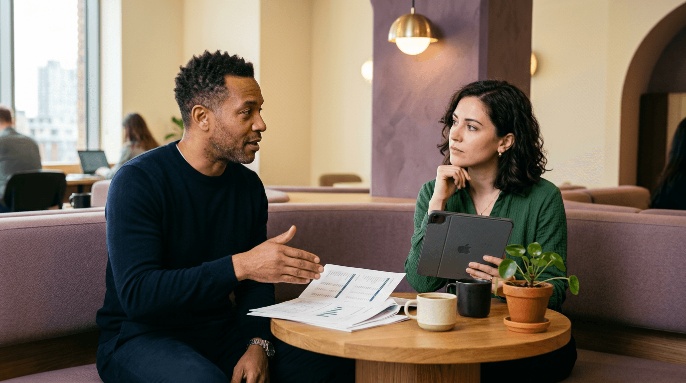 Two communications professionals in conversation in a soft-lit café-style breakout space, comparing printed coverage and tablet data on a small round table.