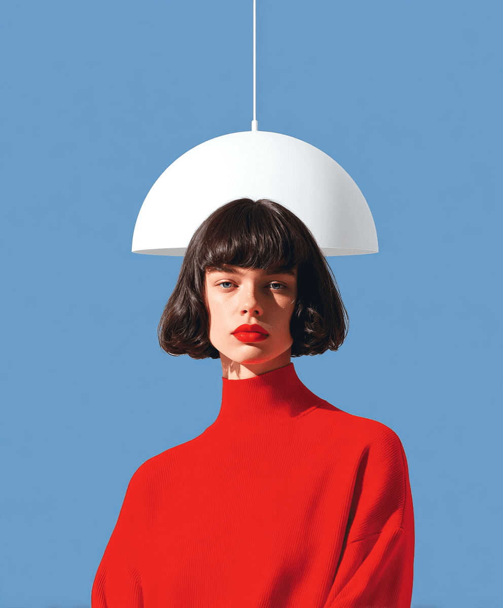 Portrait of a woman in a red turtleneck under a white pendant lamp against a blue background.
