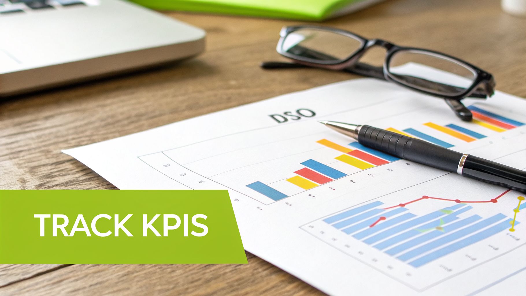 A business document with charts, graphs, a pen, and glasses on a desk, featuring 'TRACK KPIS'.
