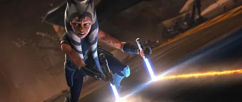 Ahsoka with two lightsabers stapped into the ground as she slides back