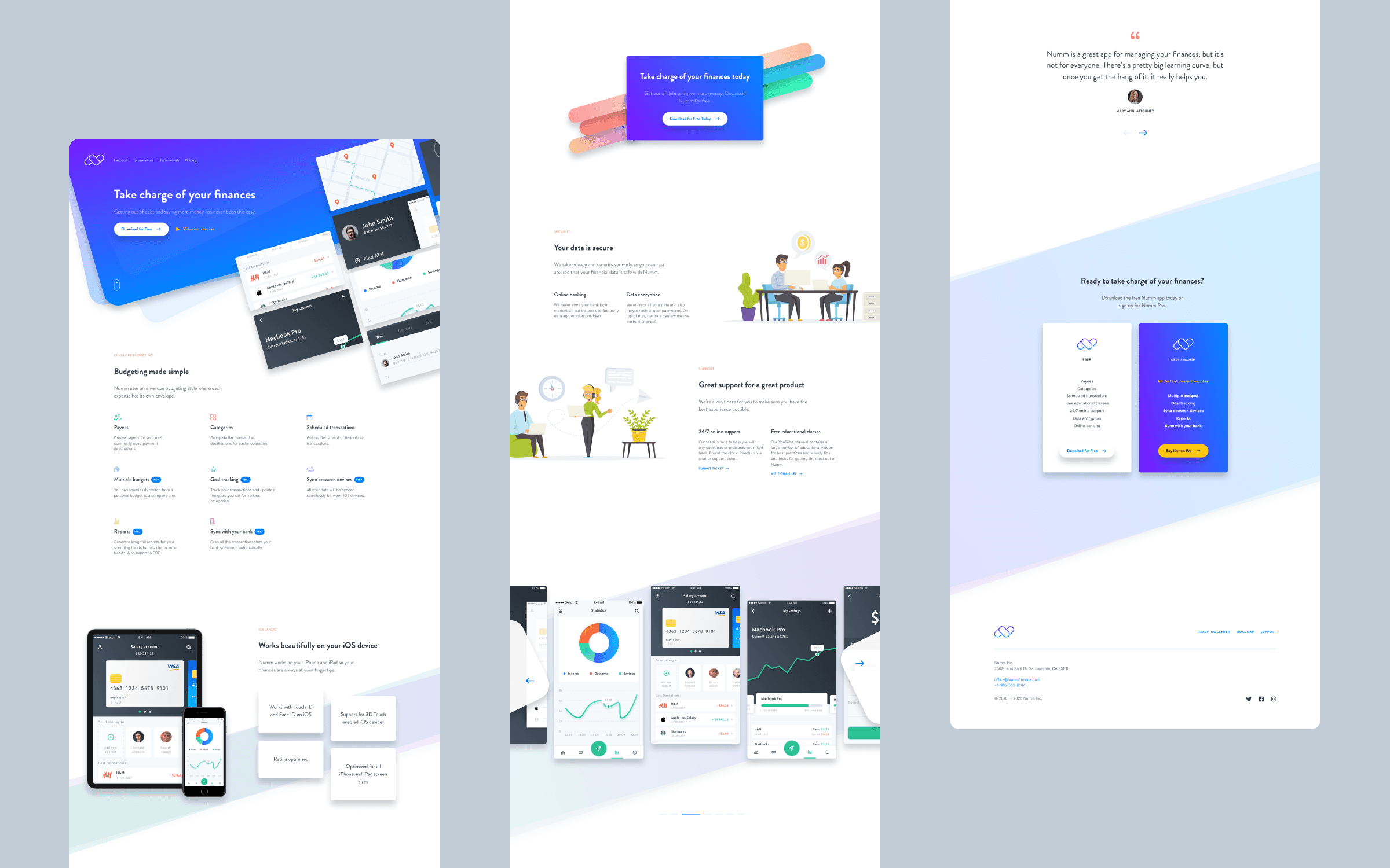 Full-page layout preview of the Numm landing page showing hero, features, and pricing sections.