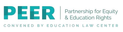 Logo for the Partnership for Equity & Education Rights, featuring bold turquoise text "PEER" alongside smaller text "CONVENED BY EDUCATION LAW CENTER" with an emphasis on educational equity and rights advocacy.