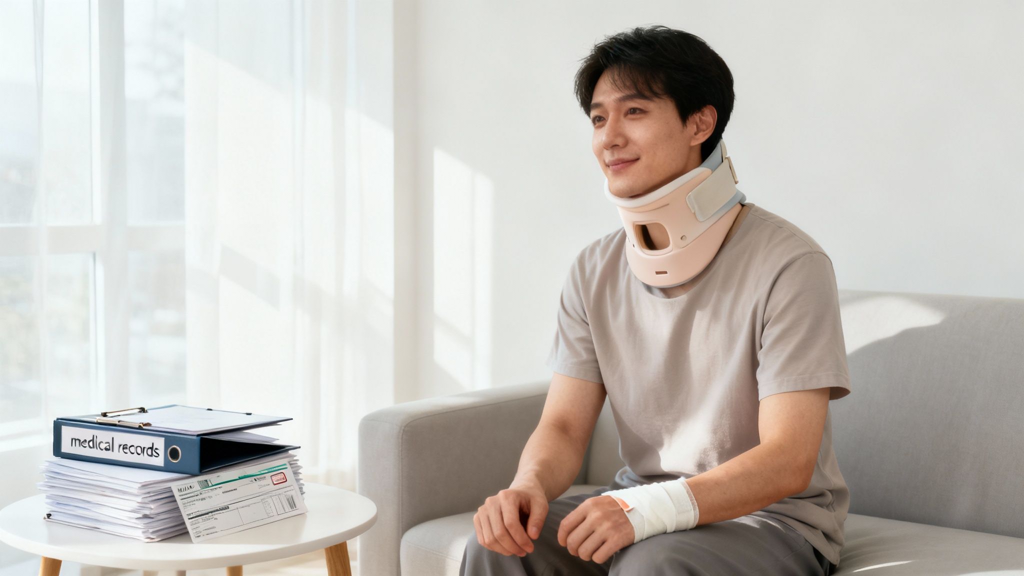 A person reviewing insurance documents at a desk, looking serious and focused.