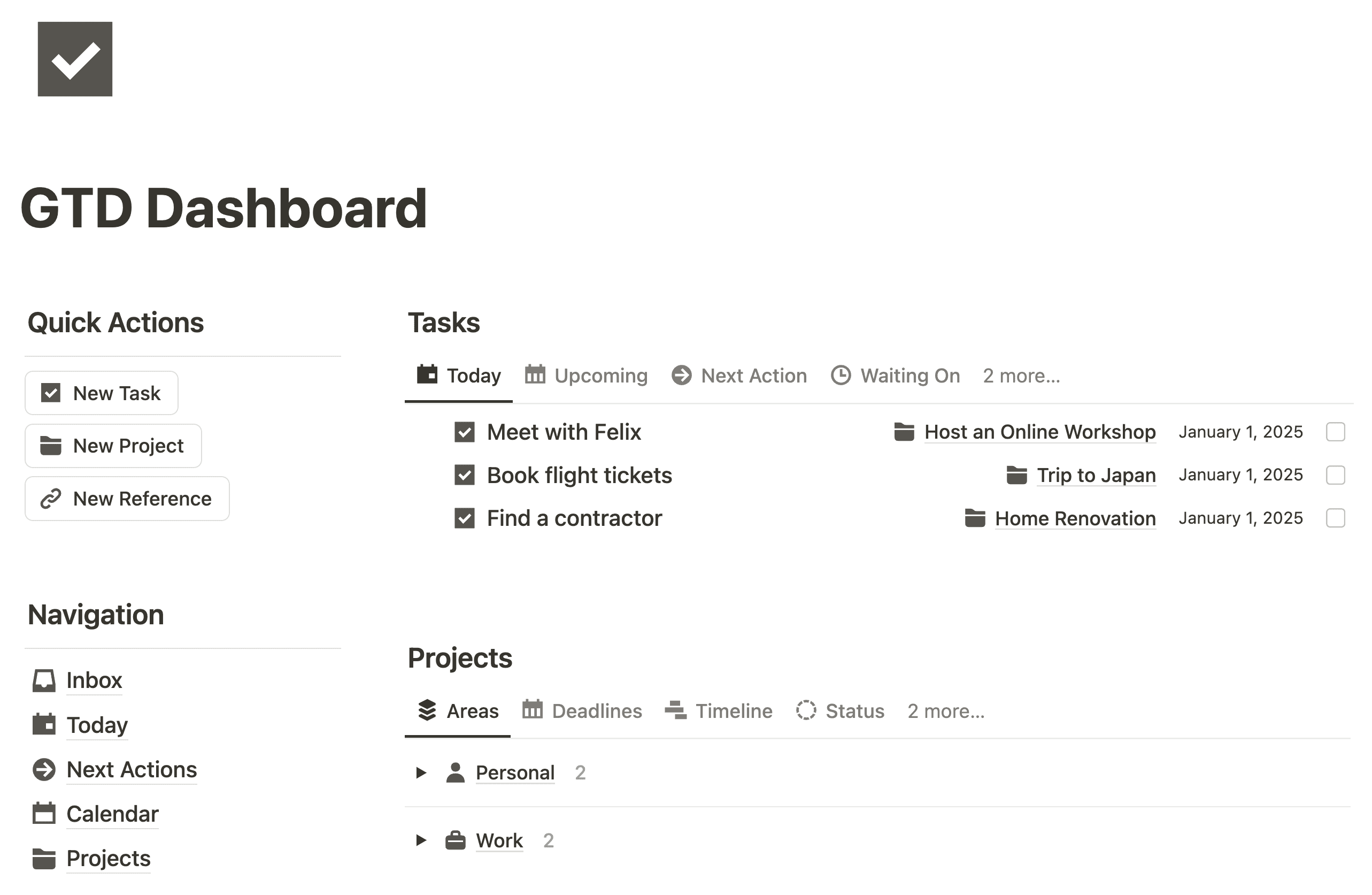 GTD Dashboard Notion Template