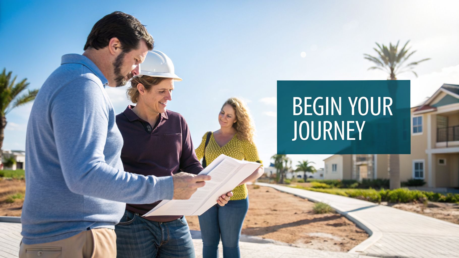 Three people, including a man and woman in a hard hat, discuss building plans on a new construction site.