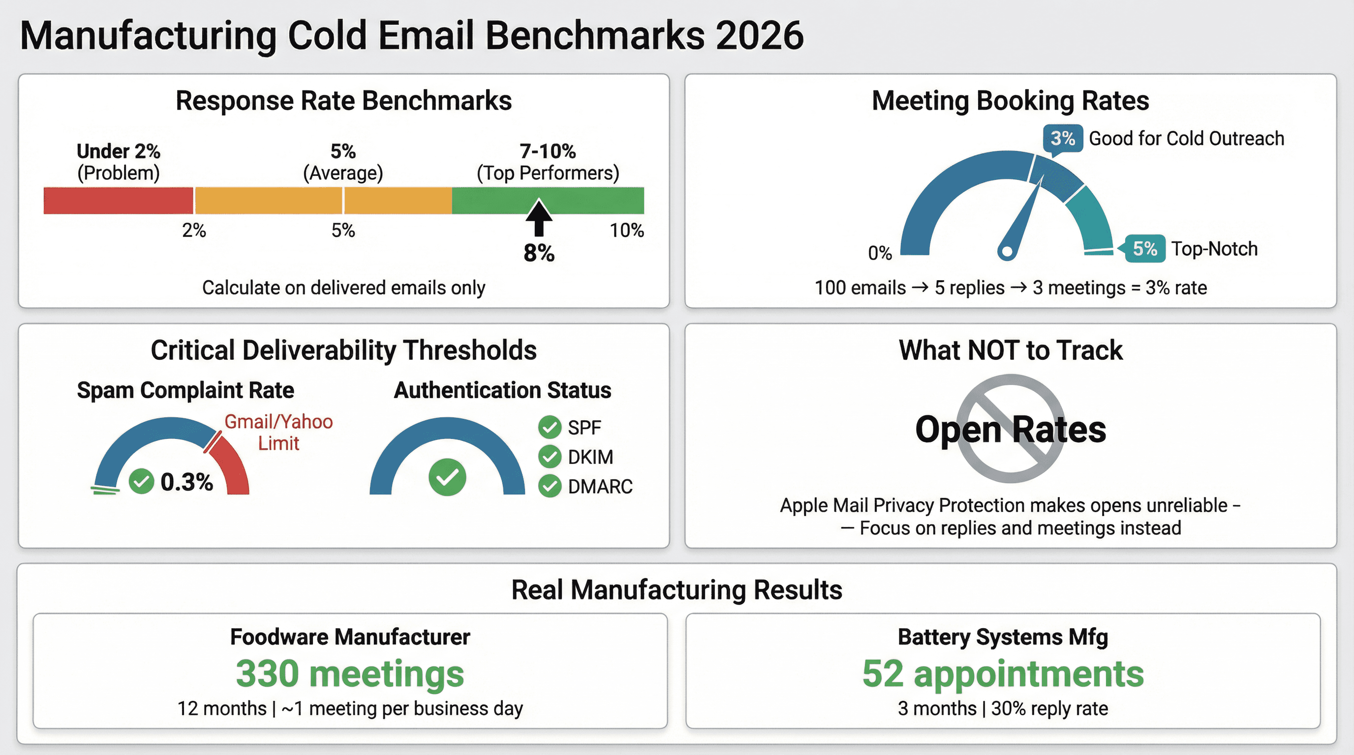 Manufacturing cold email performance benchmarks dashboard showing response rates, meeting rates, deliverability metrics, and real campaign results