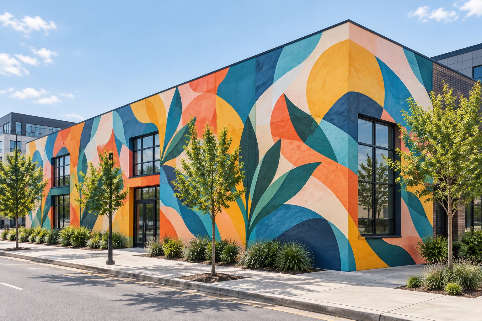 Abstract facade mural arranged around windows, a doorway, and a building corner