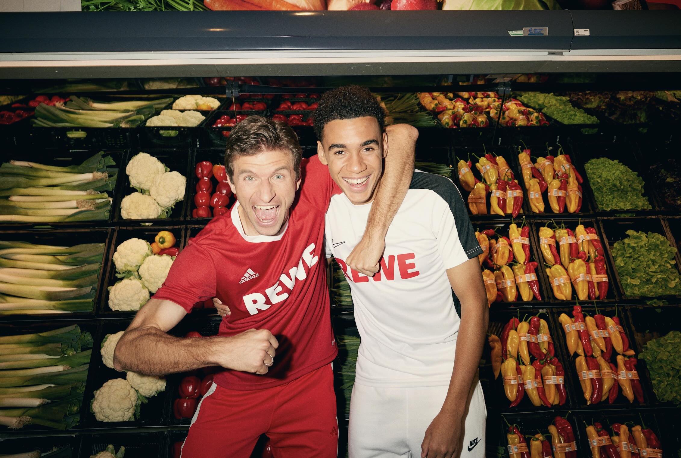 Social-first campaign content featuring Thomas Müller and Jamal Musiala for REWE