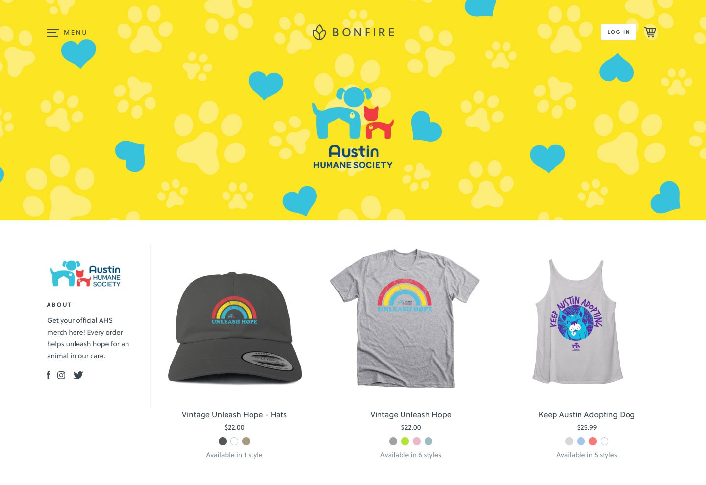 Austin Humane Society merchandise: hat, t-shirt, and tank top featuring rainbow and paw prints designs on yellow background.