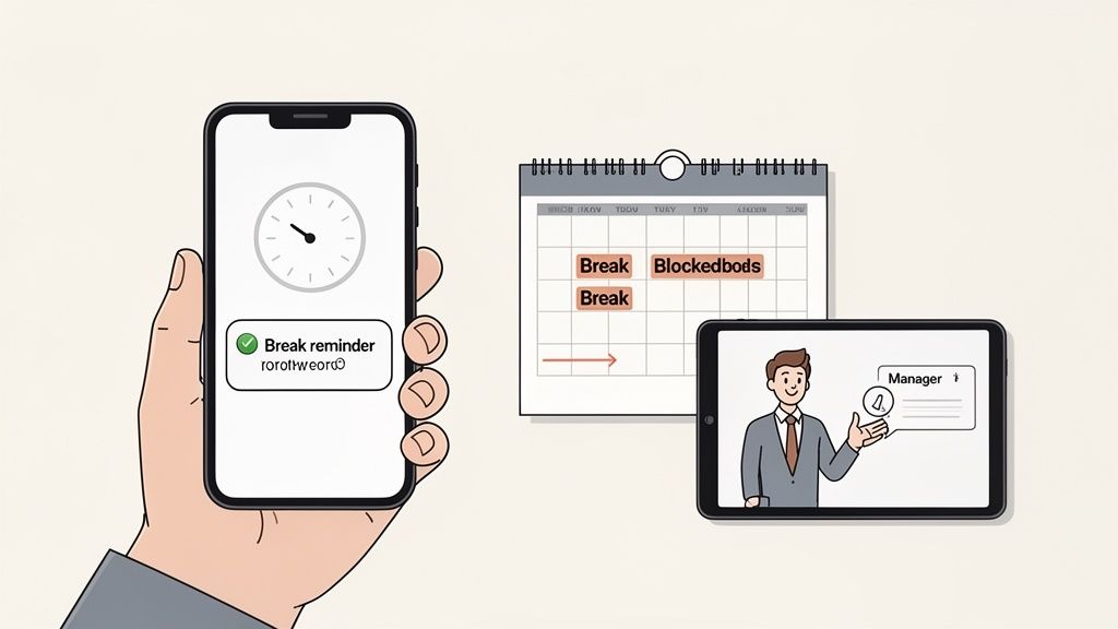 A hand holds a smartphone showing a break reminder, next to a calendar and a tablet displaying a manager.