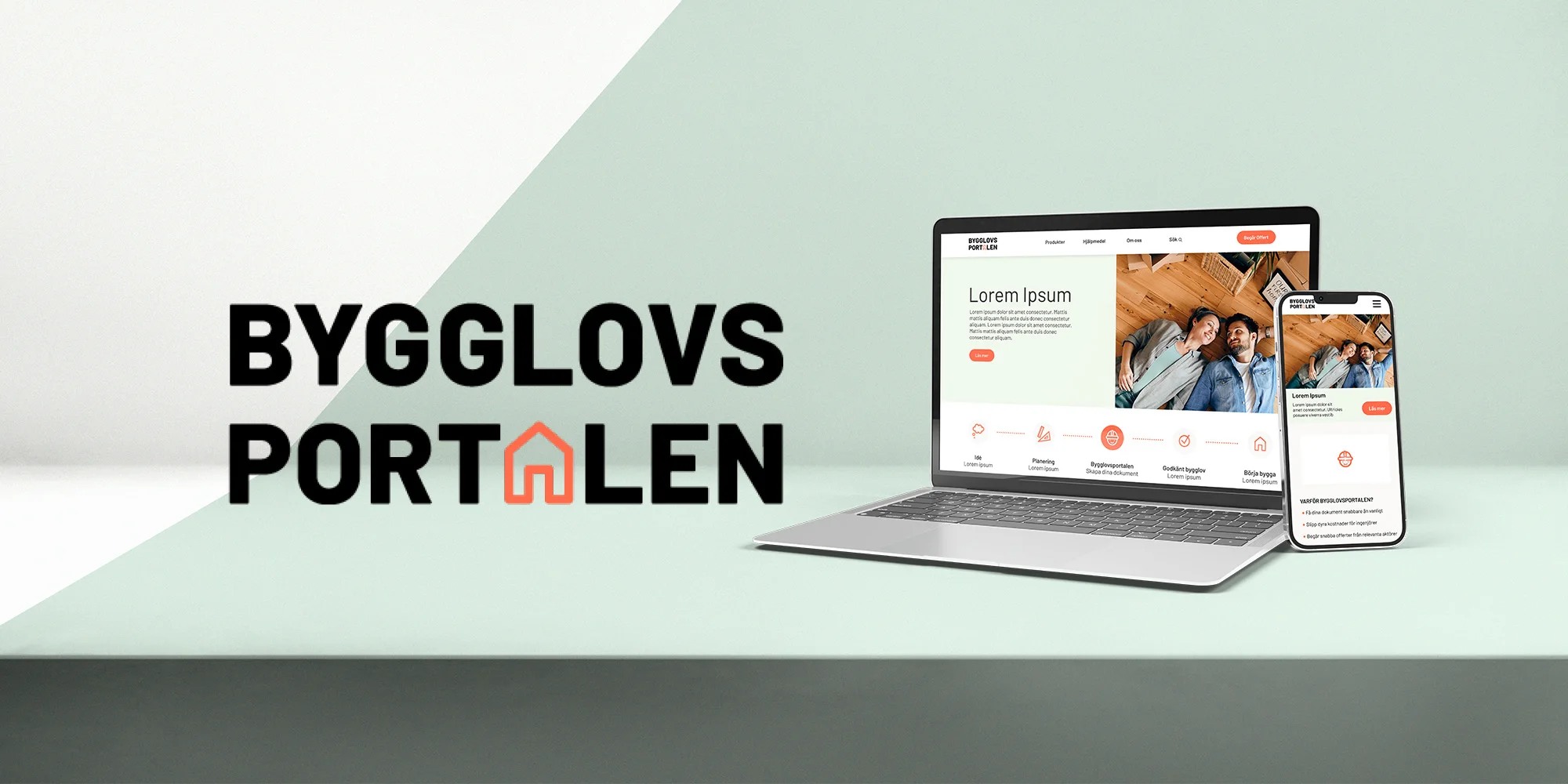 Bygglovsportalen logo next to the redesigned website on a laptop and a phone