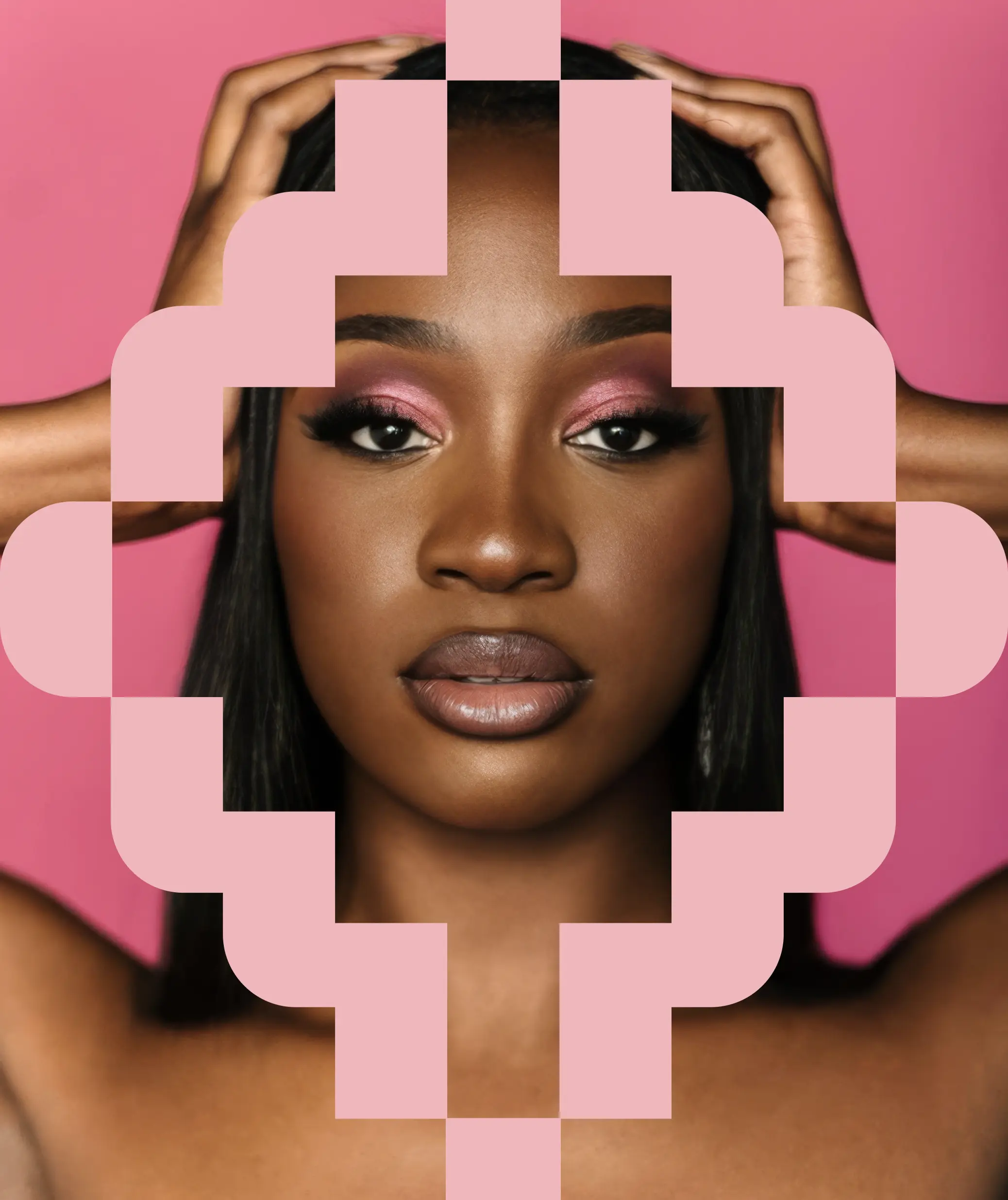 Close-up of a woman with pink eye makeup and nude lipstick, holding her head against a pink background. Pink geometric pattern overlays the photo.