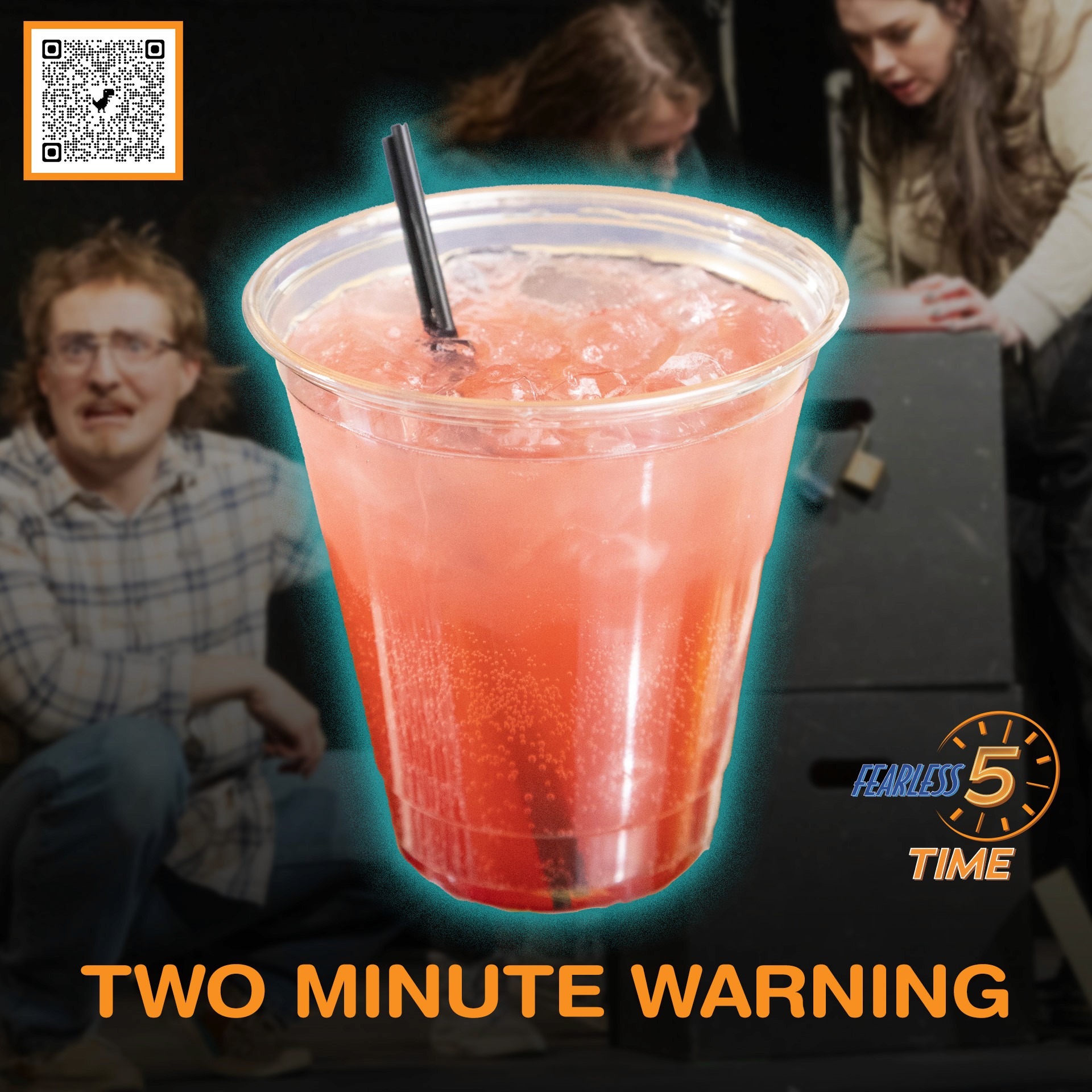 Promotional graphic featuring a bright pink cocktail with a straw, overlaying a blurry scene of people.