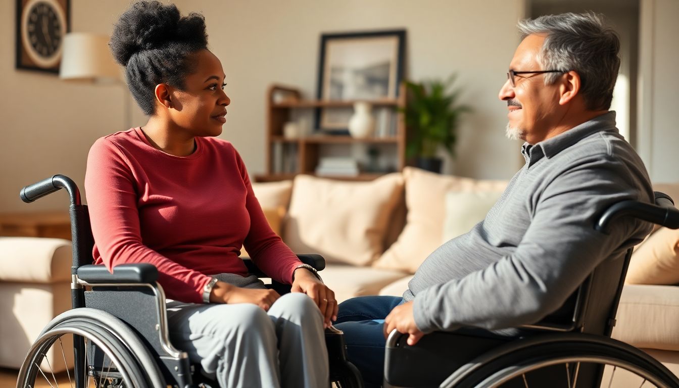 Zwei Erwachsene sprechen ruhig in einem hellen, barrierefreien Wohnzimmer; eine Person im Rollstuhl, beide auf Augenhöhe, aufmerksam und respektvoll.