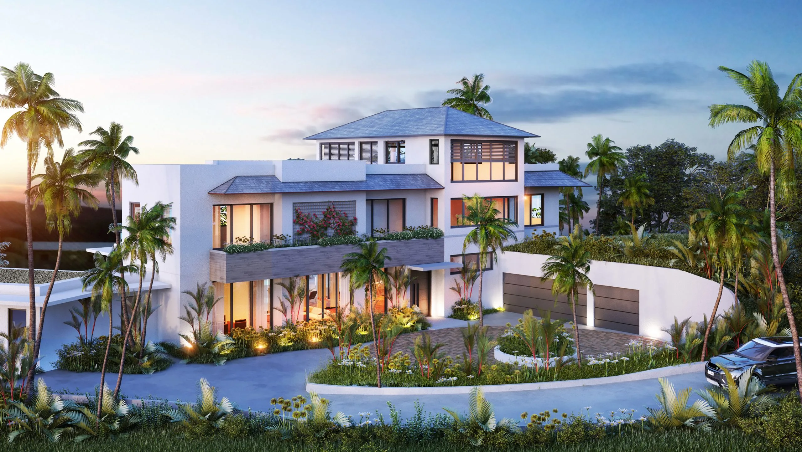 Aerial view of completed oceanfront villa with curved pool, rooftop terrace, and Caribbean Sea views, St. Lucia