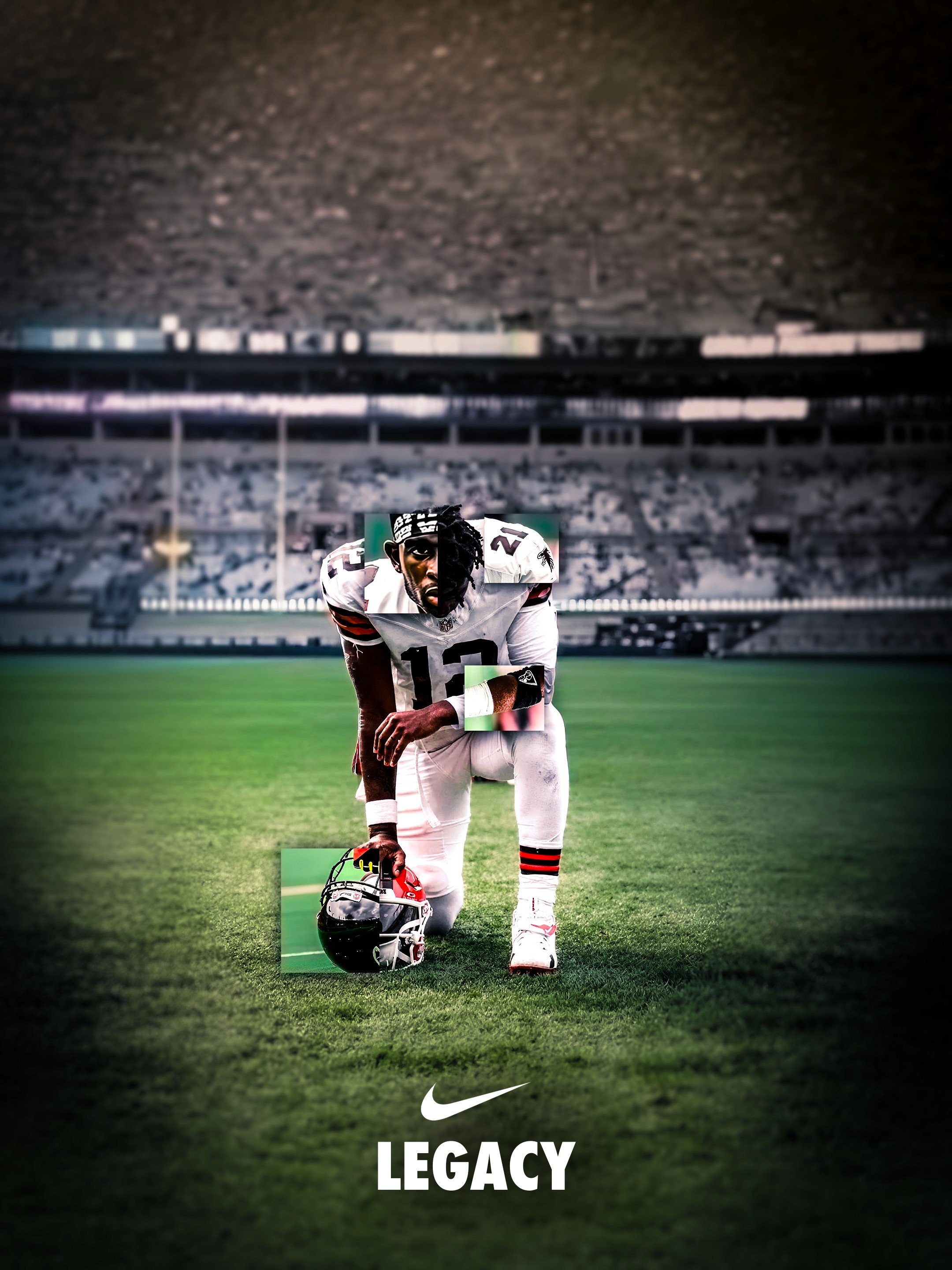 Affiche Nike Legacy avec effet de superposition passé et présent, support de communication conçu à Colmar.