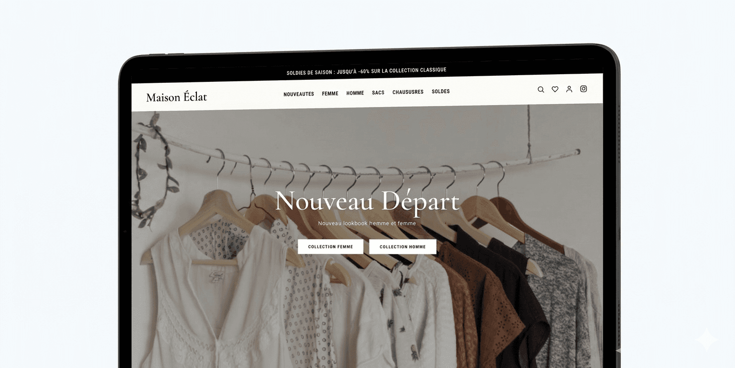 La page d'accueil minimaliste et raffinée du template E-commerce Maison Éclat.
