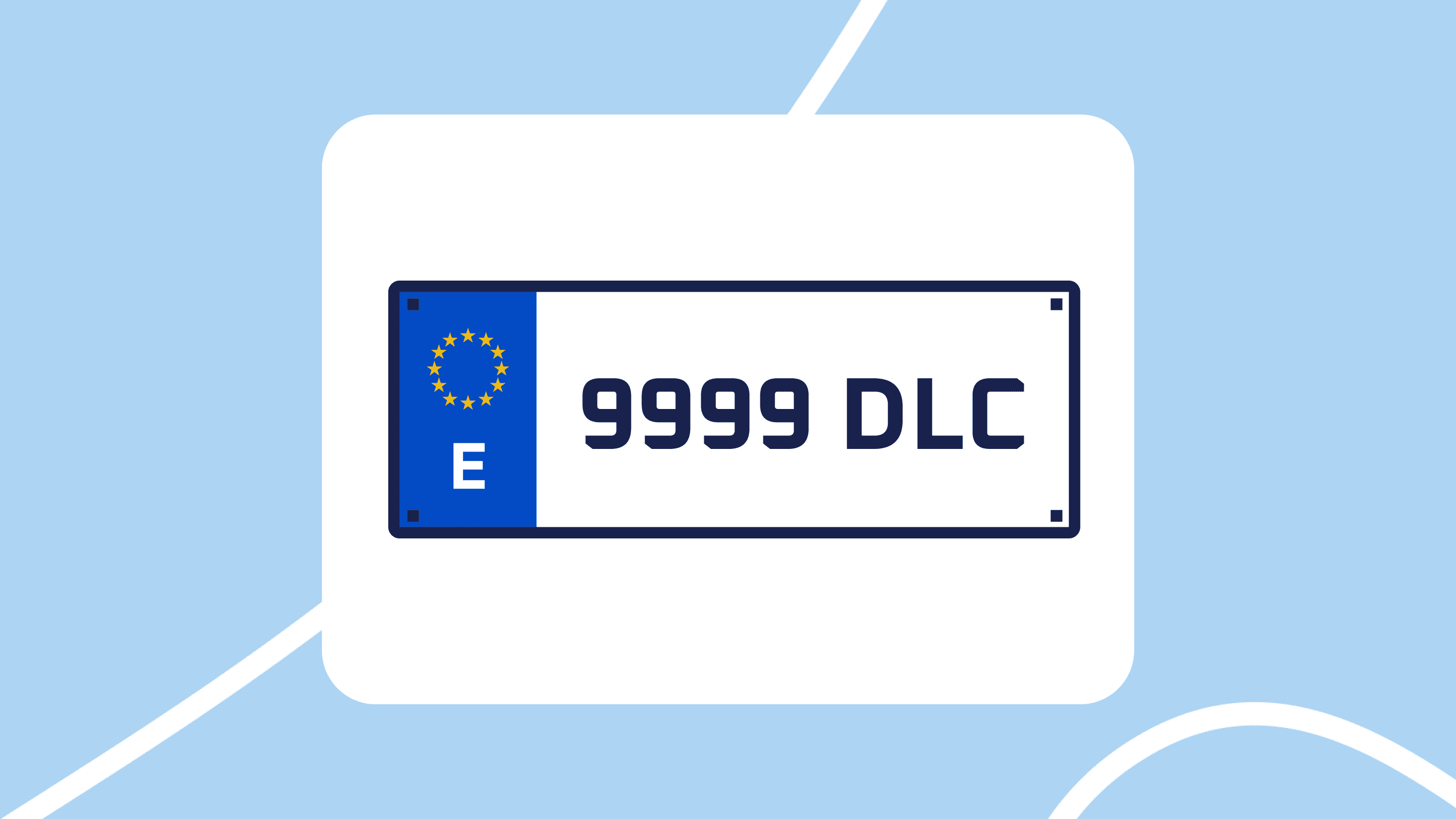 Ilustración de una matrícula de coche europea (España) con banda azul y la letra “E”, mostrando el número “9999 DLC” sobre un fondo azul claro.